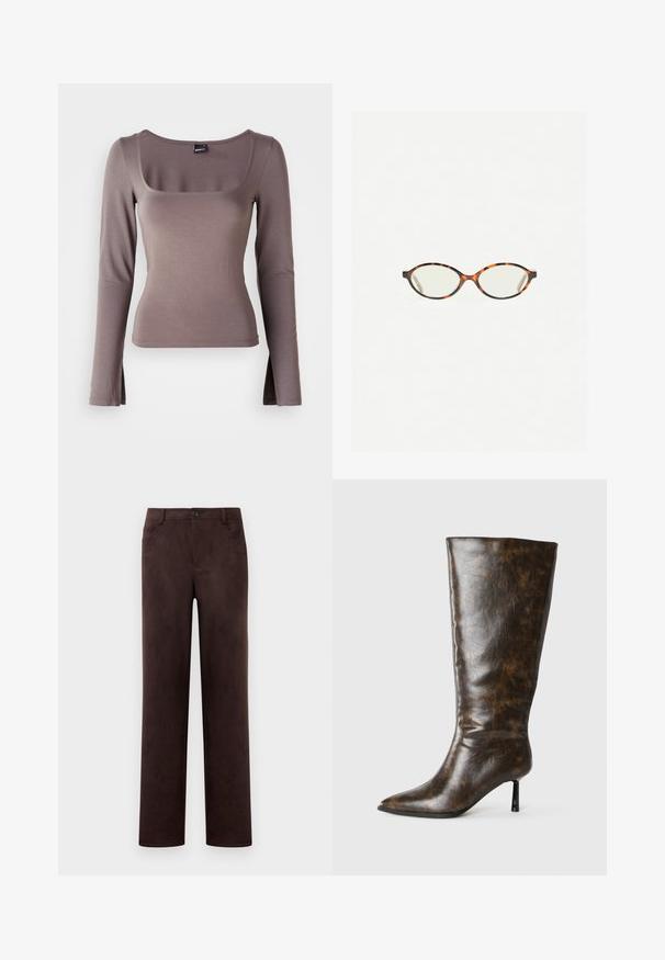 Top a maniche lunghe in un morbido tessuto marrone. Caratterizzato da un collo quadrato e fessure laterali sull'orlo. Tessuto liscio con un design aderente.; Pantaloni in suede marrone scuro a gamba dritta con chiusura anteriore a bottone e zip, passanti per cintura e tasche laterali.; Stivale ginocchiero in pelle marrone invecchiata con punta affusolata e sottile tacco a stiletto su sfondo bianco.; Occhiali in tartaruga con lenti ovali e una finitura liscia e elegante. Presentano aste sottili con una leggera curva alle tempie. Lenti trasparenti.; Borsa in pelle beige intrecciata con una singola tracolla, caratterizzata da una forma rettangolare e una superficie testurizzata. Inclusi gli accessori per la regolazione della tracolla.
