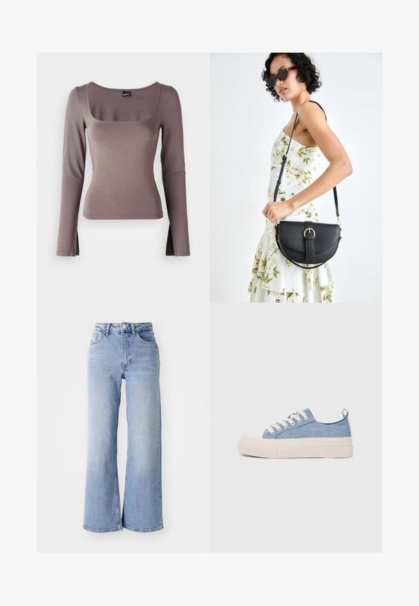 Camisola de mangas longas em tecido macio castanho. Apresenta um decote quadrado e fendas laterais na bainha. Textura suave com um design justo.; Jeans de cintura alta, de perna larga, em azul claro, com bolsos frontais e traseiros, fecho de botão e desbotamento subtil nas coxas e nas bainhas.; Ténis de lona azul claro com uma biqueira e sola de borracha creme, apresentando atacadores brancos e uma alça na parte de trás.; Bolsa de couro preta com forma curva, alça destacável e detalhes em dourado. A bolsa possui uma aba com detalhe de fivela.