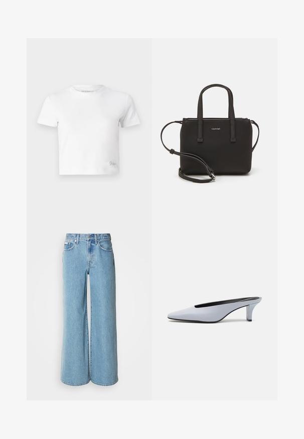 Witte cropped t-shirt van zacht katoen, met een hoge hals en korte mouwen. Klein geborduurd logo in de onderhoek.; Lichtblauwe wijde jeans van denim, met een hoge taille, vijf pockets en subtiele vervaging langs de stof.; Lichtblauwe patentleren mule met een spitse neus, een lage doorzichtige hak, en een strak ontwerp met een uitsparing bij de vamp.; Zwarte handtas met dubbele korte handvatten en een afneembare schouderriem. Glad, leerachtig materiaal met een ritssluiting en logo-detail.