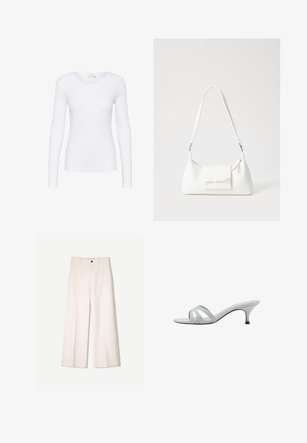 Bela majica z dolgimi rokavi in krožnim izrezom, izdelana iz gladkega, raztegljivega materiala. Ima prilagojen kroj brez izrazitih vzorcev ali okrasnih elementov.; Kremne široke hlače s krojem, ki vključujejo dve sprednji žepi in en sprednji gumb za zapiranje, izdelane iz gladkega blaga.; Svetlo sivi sandali s petom s tremi ukriženim trakama, vitkim oblikom i suženom petom. Glatka tekstura s lagano sjajnim završetkom.; Bela sintetična torbica v obliki trikotnika, z ravnim sprednjim poklopcem in detajlom mašne, nastavljivim trakom, gladko teksturo in minimalističnim dizajnom.