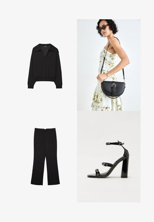 Schwarzer, verkürzter Sweatshirt mit V-Ausschnitt und großem Kragen. Hergestellt aus einem glatten Stoff, mit langen Ärmeln und einem figurnahen Bund.; Schwarze Hose mit geradem Schnitt, ausgestattet mit Fronttaschen und Seitenschlitzen am Saum. Hergestellt aus weichem, glattem Stoff. Geeignet für verschiedene Anlässe.; Schwarze Lackleder-Sandalen mit hohen Absätzen, zwei Riemen mit Schnallen, quadratischer Zehenpartie und klobigem Blockabsatz, mit einer glatten, glänzenden Textur.; Schwarze Lederhandtasche mit geschwungener Form, abnehmbarem Tragegurt und goldenen Beschlägen. Die Tasche verfügt über einen Deckel mit einer Schnallen-Details.