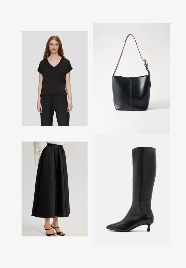 Musta lyhythihainen paita, jossa on V-pääntie, rento malli ja pehmeä pinta, yhdistettynä mustiin laskostettuihin housuihin.; Mustapitsihame, joka on valmistettu sileästä kankaasta. Hameessa on kerääntynyt vyötärö ja virtaava muotoilu, yhdistettynä mustiin nyörikorkokenkiin.; Zign Saappaat - black; Musta nahkainen olkalaukku, jossa on sileä pinta, ohut ja pitkä hihna sekä hienovarainen ommeltu yksityiskohta keskellä.
