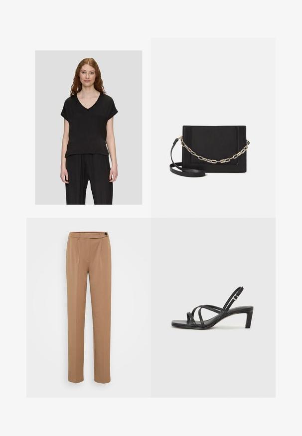 Černý krátký rukáv top s V-výstřihem, uvolněný střih a měkká textura, v kombinaci s černými skládacími kalhotami.; Hnědé kalhoty na míru se rovnými nohavicemi, vybavené zapínáním na jeden knoflík a záhybovým designem v přední části. Hladká textura, minimalistický styl.; Černé sandály na tenkém podpatku se čtveratou špičkou a nízkým blokovým podpatkem. Mají několik tenkých popruhů a nastavitelné zapínání okolo kotníku. Vyrobeny z hladké kůže.; Černá kožená crossbody taška s hladkým povrchem, obdélníkovým tvarem a kovovým řetízkem na přední straně. Součástí je nastavitelný popruh.