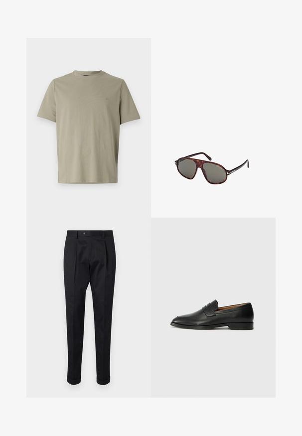 T-shirt verde oliva chiaro con girocollo realizzata in morbido cotone. Presenta maniche corte e un logo discreto sul petto.; Pantaloni neri realizzati in un tessuto liscio, con una piega sul davanti, chiusura con bottone e risvolti alla caviglia.; Mocassino in pelle nera con punta arrotondata, dettagli cuciti sottili e tacco basso, caratterizzato da una texture liscia e un design minimalista.; Occhiali da sole tartarugati con lenti scure, forma ispirata agli occhiali aviator, sottili dettagli metallici sulle stanghette e una finitura lucida.