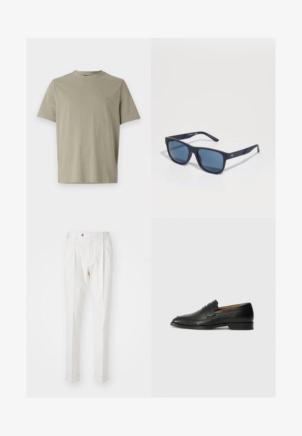 Jasnooliwkowa koszulka z okrągłym dekoltem wykonana z miękkiej bawełny. Ma krótkie rękawy i subtelny akcent logo na klatce piersiowej.; Białe, dopasowane spodnie z płaskim przodem, dwoma zaszewkami i podwiniętymi mankietami. Wykonane z gładkiego materiału z zapięciem na guzik w talii.; Czarne skórzane mokasyny z zaokrąglonym noskiem, subtelnymi przeszyciami i niskim obcasem, charakteryzujące się gładką teksturą i minimalistycznym designem.; Niebieskie prostokątne okulary przeciwsłoneczne z ciemnymi soczewkami, matowa granatowa oprawka, szczegół z logo na zauszniku, proste ramiona oraz solidna, gładka tekstura.
