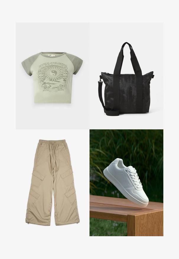 Zelené bavlněné tričko s krátkým rukávem, s grafikou yin-yang a přírodními motivy v kontrastním tmavším zeleném odstínu.; Béžové cargo kalhoty s elastickým pasem, několika bočními kapsami a volným střihem. Vyrobeny z lehké, hladké tkaniny se švy.; Bílé tenisky s hladkým syntetickým svrškem, perforovanou špičkou, plochými tkaničkami a texturovanou podrážkou, vystavené na dřevěném povrchu.; Černá taška přes rameno s texturovanou tkaninou, dvojitými rukojeťmi a odnímatelným ramenním popruhem. Disponuje zipovým uzávěrem pro bezpečné uložení.