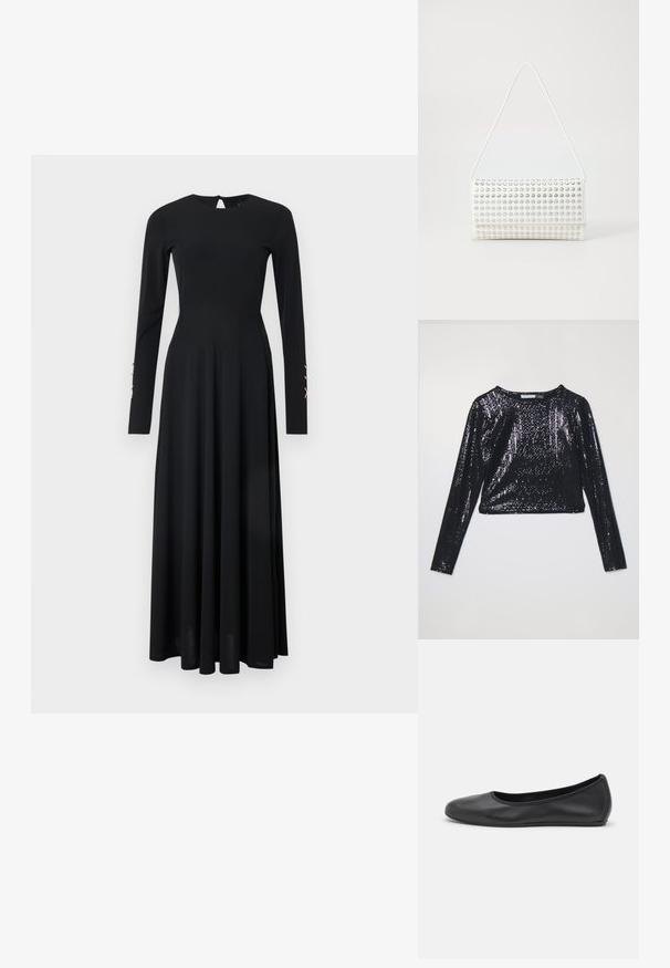 Czarny skrócony top z długim rękawem pokryty cekinami, z okrągłym dekoltem i gładką fakturą. Światło odbija się od błyszczącej powierzchni.; Czarna sukienka z długim rękawem, dopasowanym górnym fasonem, zwiewnym dołem, okrągłym dekoltem i dekoltem w kształcie klucza z tyłu. Posiada dekoracyjne elementy na rękawach.; Czarne skórzane baletki z zaokrąglonym noskiem, gładką fakturą, minimalnymi przeszyciami i elastycznym designem podeszwy.; Biała torebka o zaokrąglonym kształcie, z teksturowaną powierzchnią pokrytą srebrnymi ćwiekami. Posiada cienki pasek na ramię i eleganckie zapięcie.