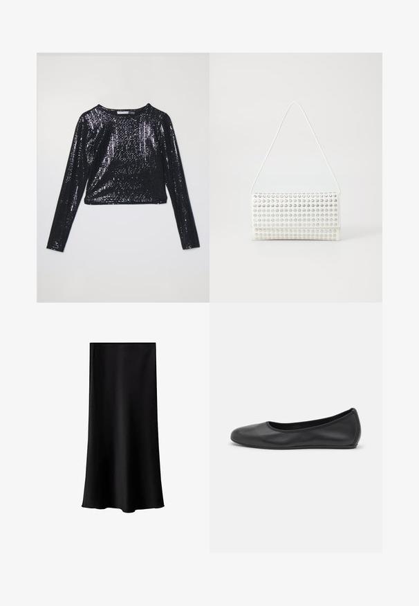 Schwarz geschnittenes Oberteil mit langen Ärmeln, das mit Pailletten bedeckt ist. Es hat einen runden Halsausschnitt und eine glatte Textur. Das Licht spiegelt sich auf der glänzenden Oberfläche.; Schwarze Midischürze aus glattem, leichtem Stoff. Sie hat einen geraden Schnitt, keine sichtbaren Beschläge und ein schlichtes Design ohne Muster.; Schwarze Leder-Ballettschuhe mit abgerundeter Spitze, glatter Textur, minimalen Nähdetails und einem flexiblen Sohlen-Design.; Weiße Handtasche mit runder Form, die eine strukturierte Oberfläche aus silbernen Nieten aufweist. Sie hat einen dünnen Schultergurt und einen eleganten Verschluss.