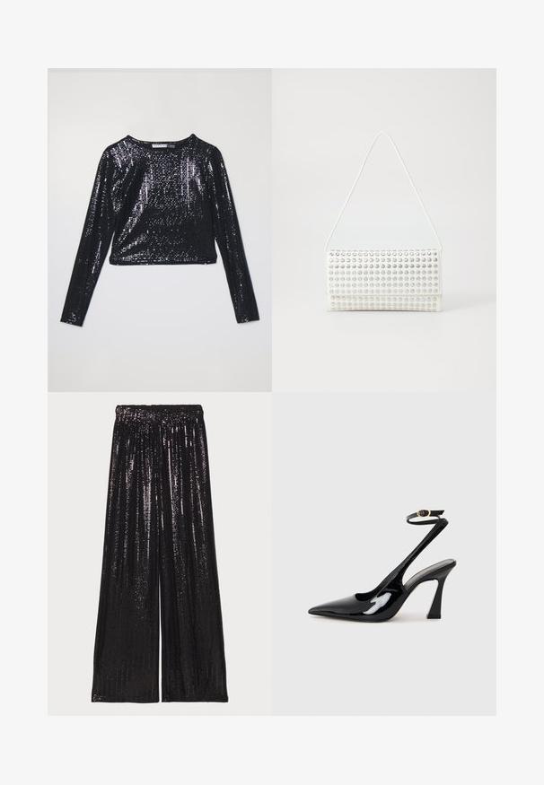 Top a maniche lunghe nera cropped ricoperto di paillettes, con scollatura rotonda e texture liscia. La luce si riflette sulla superficie lucida.; Pantaloni neri a gamba larga realizzati in tessuto paillettato, con una superficie texturizzata e una cintura elastica per un fit comodo.; Slingback eleganti in pelle verniciata nera con punta appuntita, cinturino alla caviglia regolabile e tacco quadrato moderato. Texture liscia con finitura lucida.; Borsa bianca con forma arrotondata, caratterizzata da una superficie texturizzata di borchie argento. Ha una sottile tracolla e una chiusura elegante.