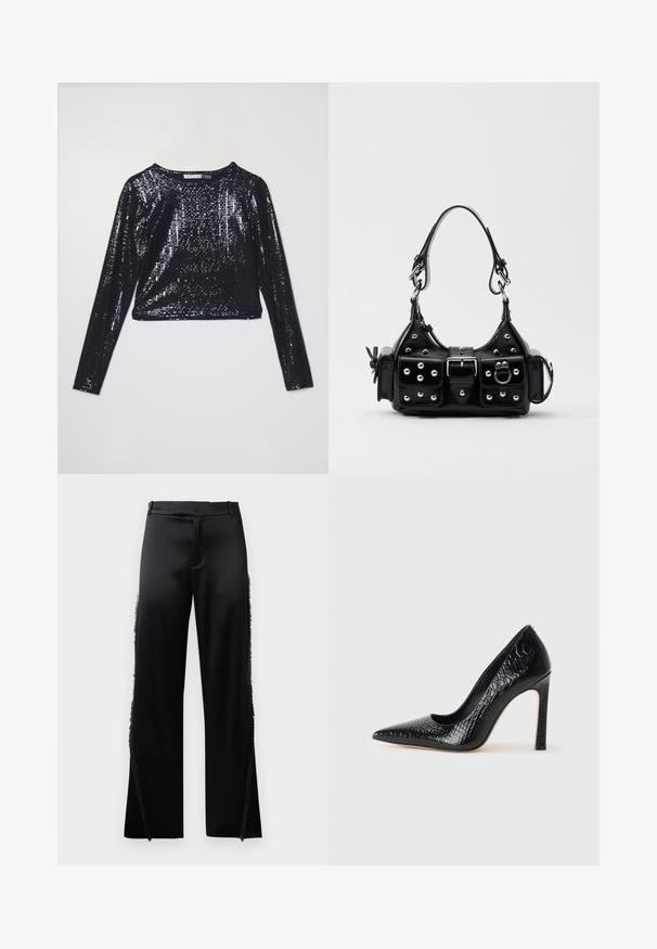 Sort cropped langærmet top dækket af palietter, med en rund halsudskæring og en glat tekstur. Lyset reflekteres fra den skinnende overflade.; Sorte satinbukser med brede ben, der har frynse detaljer langs sidesømmen og en flad front talje. Ensfarvet bag uden lommer.; Sorte spidse tå stiletto-sko i krokodilleskind med et strømlinet design, høj hæl og glat sort inderside.; Sort læderhåndtaske med et buet design, prydet med sølvfarvede nitter, en spænde og to sidelommer. Justerbar rem til forskellige bære muligheder.