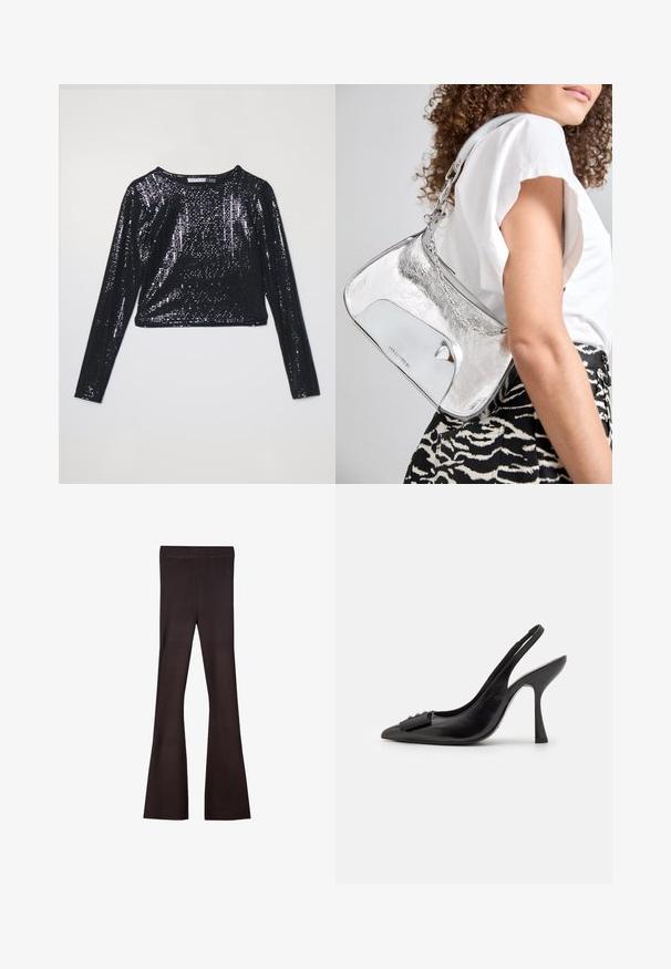 Black cropped long-sleeve top covered in sequins, featuring a round neckline and a smooth texture. Light reflects off the shiny surface.; Bershka Trousers - dark brown; Black leather slingback shoe with a pointed toe, slim high heel, and a decorative bow accent. Smooth texture and sleek design.; Silver metallic shoulder bag with a smooth texture, curved design, chain strap, and a polished front panel featuring a subtle logo engraving.; Silver earrings with a flowing, spiral design. Smooth texture with a polished finish. Features a subtle sheen and no visible embellishments.
