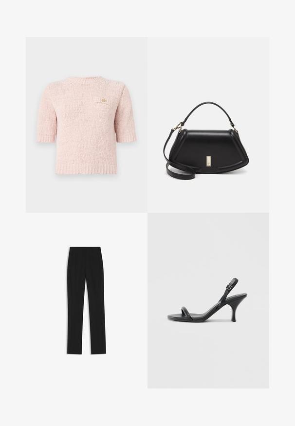 Corto maglione rosa lavorato a maglia con scollo rotondo, maniche corte e una piccola tasca con dettaglio del logo dorato.; Pantaloni neri su misura con un design a gamba dritta, dotati di tasche frontali e un tessuto liscio e strutturato. Dettagli ordinati e minimalisti.; Sandali con tacco alto in pelle nera, con tacco sottile e curvo e design a fascia incrociata. Cinghia alla caviglia regolabile. Texture liscia.; Borsa a mano in pelle nera con un design strutturato, caratterizzata da una forma corta, manico superiore e accessori in metallo dorato. Inclusa tracolla regolabile.