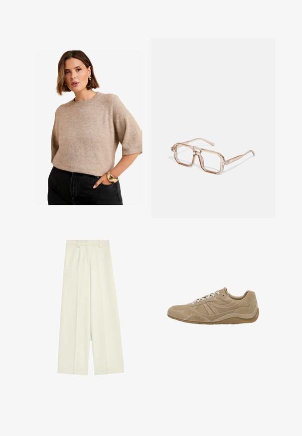 Hellbeige kurzärmliger Strickpullover mit Rundhalsausschnitt, der eine weiche Textur und einen lässigen Schnitt aufweist. Kombiniert mit schwarzen hochgeschnittenen Jeans.; Weite Hose aus cremefarbener Stoff, mit glatter Textur, vorderen Falten und geradem Schnitt von der Taille bis zum Saum.; Beige Wildledersneaker mit niedrigem Profil, strukturierten Oberflächen und weißen Schnürsenkeln. Verfügt über ein geschwungenes Design und eine Gummisohle für guten Halt.; Transparente hexagonale Brillen mit hellbraunen Farbtönen; dicke, klare Fassungen und schlanke Bügel; keine sichtbaren Logos oder Muster.; Taschen aus braunem Leder mit doppelten Griffen und einem abnehmbaren Schultergurt. Verfügt über einen goldfarbenen Verschluss und eine strukturierte Oberfläche.