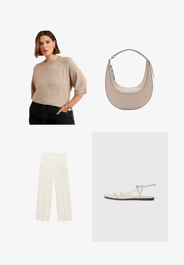 Pulover tricotat scurt cu mânecă scurtă, de culoare bej deschis, cu guler rotund, având o textură moale și o croială lejeră. Combinat cu blugi negri cu talie înaltă.; Pantaloni cu picioare largi, de culoare crem deschis. Realizați dintr-un material neted, cu plisuri în față și buzunare laterale.; Sandalie plate bej cu multiple bretele subțiri și o cataramă ajustabilă. Talpa este plată, cu un ușor contrast întunecat la margine.; Geantă de umăr din piele bej, cu o formă de semilună, textură netedă și un singur mânere curbat. Dispune de o închidere cu fermoar și cusături bine realizate.