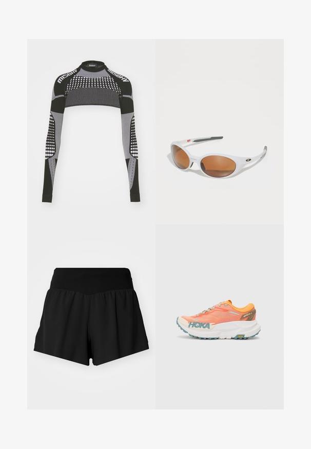 Svart og hvit langermet topp med høy hals, med prikkede og stripete mønstre. Materialet virker strekkbart og teksturert.; Svart trening shorts med en bred, glatt midjebånd, løs stoff med A-linjeform og sidesplitter for bedre mobilitet.; Oransje og rosa løpesko med mesh-overdel, hvit mellomsåle, Vibram yttersåle og lyseblå detaljer. Har HOKA-merke på siden.; Hvite solbriller med brune linser, oval form, laget av glatt plast, med grå detaljer på armene og en logo på rammen.