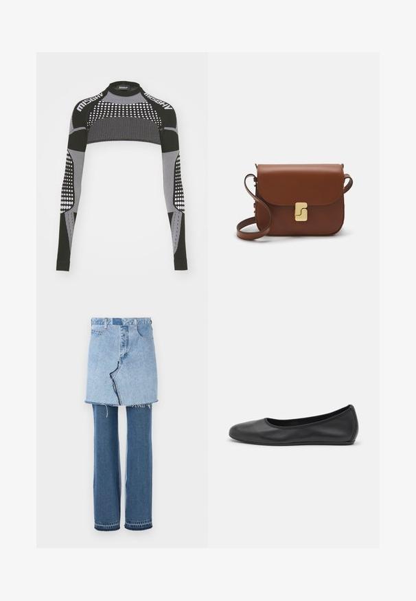 Crno-bijeli dugih rukava crop top s visokim izrezom, s točkastim i prugastim uzorcima. Materijal izgleda rastezljivo i teksturirano.; Denim odjevni predmet koji kombinira svijetloplavu mini suknju na vrhu i tamnoplavim ravnim trapericama ispod; ima izrezani rub i klasičnu denim teksturu.; Crne kožne baletanke s zaobljenim vrhom, glatke teksture, minimalnim detaljima šavova i fleksibilnim dizajnom potplata.; Smeđa kožna torba s preklopom, zlatnim detaljima, remenom za nošenje preko ramena i glatkom teksturom. Kompaktni pravokutni oblik.