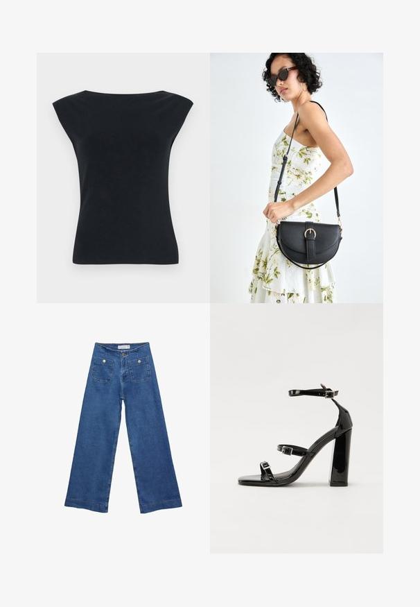 Črna, oprijeta majica z širokim izrezom in kratkimi rokavi, izdelana iz gladkega blaga, z minimalističnim dizajnom in brez vidnih vzorcev ali dodatkov.; Jeans širokih nogavic iz denima z medenim modrim pranjem, dvema sprednjima žepoma z gumbnimi zaprtji in šivanjem ob robovih.; Črne lakirane sandale s peto, kvadratnim prstom, trakovi okrog gležnja in srebrnimi zaponkami. Opremljene so s stabilno Debelo peto.; Črna usnjena torbica s ukrivljeno obliko, z odstranljivo naramnico in zlatimi dodatki. Torbica ima pokrov s podrobnostmi v obliki zaponke.