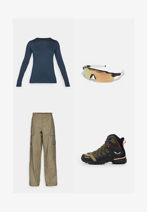 Tumši zils krekls ar garām piedurknēm, izgatavots no viegla auduma. Tam ir apaļa kakla izgriezuma forma un neliels emblems uz krūts. Gluda tekstūra.; Olīvzaļa auduma cargo bikses, kurām ir brīva piegriezuma, vairākas sānu kabatas un pogu aizdare jostasvietā. Gluda tekstūra.; Vidēji augsti pārgājienu zābaki melnā un olīvu zaļā krāsā, ar acs augšdaļu, gumijas zoli un teksturētām akcentiem, kā arī aizmugurējo cilpu.; Saulesbrilles ar melnbaltu rāmīti, lielām spoguļlēcām zeltainos un rozā toņos, aerodinamisku dizainu un paplašinātu ārējo mali.