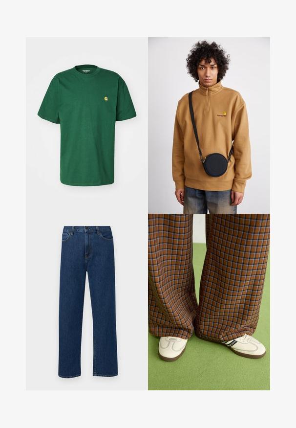 Carhartt WIP CHASE - Tricou basic - sycamore tree/gold; Jeans din denim drept, cu culoare albastru închis, cu buzunare frontale și închidere cu nasture, expuși pe un fundal alb simplu.; Pantaloni largi cu carouri maro și albastru, asociați cu pantofi albi cu accente negre și tălpi texturate, împotriva unui fundal verde.; Sweatshirt din fleece cu fermoar pe jumătate, de culoare maronie, cu logo brodat, purtat cu o geantă crossbody rotundă, neagră, cu fermoar și detalii cu logo, peste blugi.