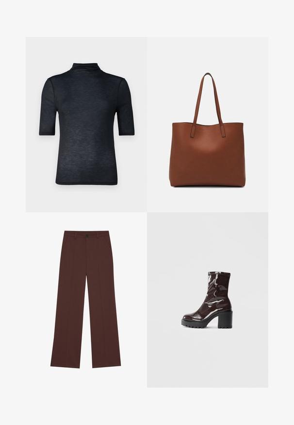 Abercrombie & Fitch Basic T-shirt - black beauty; Wide-leg trousers in a rich brown fabric. Features a button closure, two front pockets, smooth texture, and clean lines.; Glossy burgundy ankle boot with a chunky black heel, featuring a smooth texture and simple design. No visible fastenings or patterns.; Brown leather tote bag with a smooth texture, open top design, and two shoulder straps. Features minimal stitching and no visible hardware.
