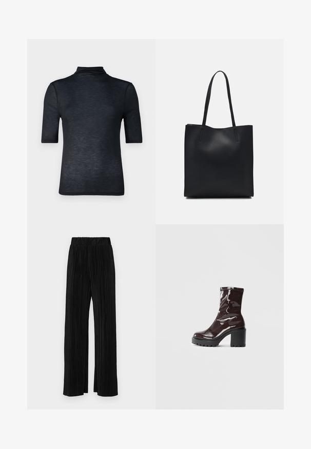 Abercrombie & Fitch Tricou basic - black beauty; Pantaloni negri plisati cu talie elastică. Prezintă picioare largi și un material neted, texturat, cu dungi verticale.; Botine lucioase burgundy, cu toc gros negru, având o textură netedă și un design simplu. Fără închideri sau modele vizibile.; Geantă tote neagră din piele, cu textură netedă, formă rectangulară și două mânere lungi. Fără hardware vizibil sau ornamente.