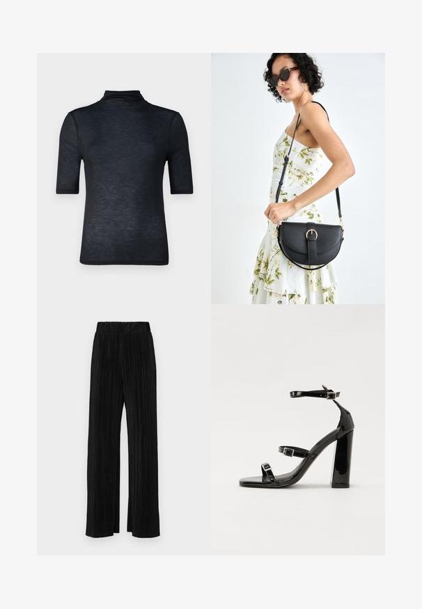 Abercrombie & Fitch Paprasti marškinėliai - black beauty; Juodi plisuoti kelnės su elastine juosta. Turėkite plačias kojas ir glotnų, tekstūrinį audinį su vertikaliais dryžiais.; Juoda blizgi lakuota basutė su kvadratiniu pirštu, kulkšnies dirželiais ir sidabro sagtimis. Yra tvirta blokinė kulno konstrukcija, užtikrinanti stabilumą.; Juodas odinis krepšys su išlenkta forma, nuimamu dirželiu ir auksiniais detalėmis. Krepšys turi kilpą su sagtimi.