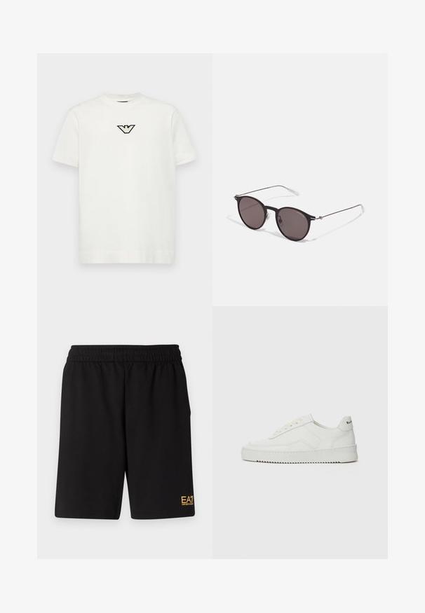 Emporio Armani T-shirts med print - offwhite; Sorte treningsshorts laget av mykt stoff, med elastisk midje og en liten gul EA7-logo nederst på venstre ben.; Hvite lærersneakers med en jevn overflate, rund tå, flate lisser og en teksturert såle. Har en subtil logo på hælen.; Sorte, runde solbriller med mørke linser og slanke metalarmer. Inkluderer klare temple tips og sølvfargede detaljer ved hengslet. Minimalistisk design.
