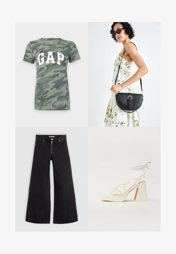 Green cotton t-shirt featuring a camouflage pattern, round neck, and "GAP" logo in large white letters across the chest.; Wide-leg jeans in black denim with a zippered front, five-pocket design, and subtle stitching details. Smooth texture and casual style.; White high-heeled sandal with a chunky heel, featuring a strappy design and ankle tie. Smooth texture with a platform front for added height.; Black leather handbag with a curved shape, detachable strap, and gold hardware. The bag features a flap with a buckle detail.