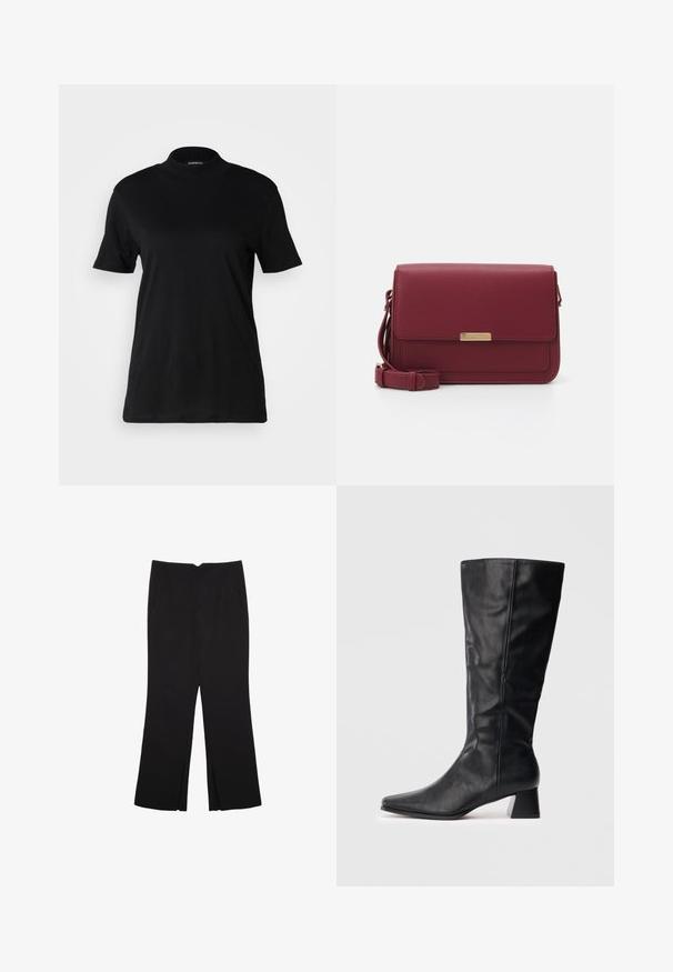 Czarna koszulka z krótkim rękawem i wysokim dekoltem, wykonana z gładkiej bawełny. Prosty fason bez widocznych wzorów lub grafik.; Czarne spodnie o prostym kroju, z przednimi kieszeniami i bocznymi rozcięciami na dole. Wykonane z miękkiego, gładkiego materiału. Odpowiednie na różne okazje.; Czarny skórzany botek do połowy łydki z ostrym noskiem i słupkowym obcasem na jednolitym jasnym tle.; Anna Field - Torba na ramię