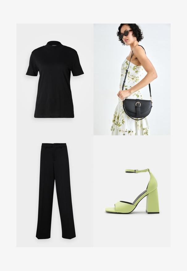 Must have lühikeste varrukatega must T-särk kõrge kaelusega, valmistatud siledast puuvillakangast. Lihtne disain, ilma nähtavate mustrite või graafikadeta.; Musta laiad püksid siledast kangast, millel on klassikaline vöökoht, nööbiga sulgemine ja ees voldid.; Even&Odd Kõrge kontsaga sandaalid - light green; Mustmust mustraha kõverate joontega, eemaldatava rihmaga ja kuldsete detailidega. Kotil on klapp, millel on pandladetail.