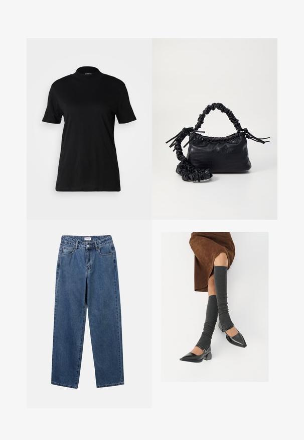 Czarna koszulka z krótkim rękawem i wysokim dekoltem, wykonana z gładkiej bawełny. Prosty fason bez widocznych wzorów lub grafik.; Klasyczne niebieskie dżinsy o prostym kroju, pięć kieszeni i zapięcie na guzik. Charakteryzują się średnim odcieniem i solidną teksturą.; Czarne lakierowane buty na szpilce z prostokątnym obcasem i paskiem na kostce, zestawione z szarymi prążkowanymi ocieplaczami na nogi oraz brązową zamszową spódnicą.; Czarna torebka z syntetycznej skóry o teksturze krokodyla, z zaciąganym górnym zamknięciem i marszczonym paskiem. Wygląda na miękką i zwartą w designie.