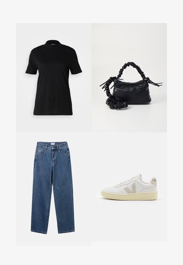 Czarna koszulka z krótkim rękawem i wysokim dekoltem, wykonana z gładkiej bawełny. Prosty fason bez widocznych wzorów lub grafik.; Klasyczne niebieskie dżinsy o prostym kroju, pięć kieszeni i zapięcie na guzik. Charakteryzują się średnim odcieniem i solidną teksturą.; Białe skórzane trampki z beżowymi zamszowymi akcentami, perforowanym noskiem, płaskimi sznurowadłami i teksturowaną kremową podeszwą. Posiadają subtelne logo na pięcie.; Czarna torebka z syntetycznej skóry o teksturze krokodyla, z zaciąganym górnym zamknięciem i marszczonym paskiem. Wygląda na miękką i zwartą w designie.