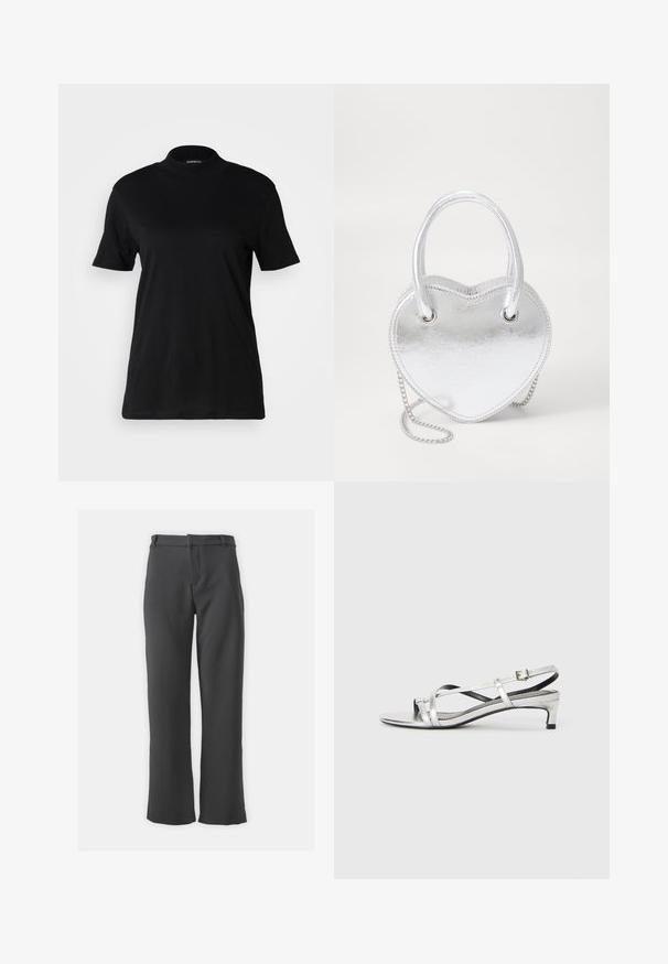 Black short-sleeve t-shirt with a high neckline, made of smooth cotton fabric. Simple design with no visible patterns or graphics.; Dark grey trousers with a straight-leg design, featuring a smooth texture, belt loops, and a front opening with pockets.; Silver metallic slingback sandal with a low heel, featuring crisscross straps and a smooth texture. Minimalistic design.; Silver metallic heart-shaped handbag with dual handles, chain strap, and smooth texture. Features metal hardware and stitched edges.
