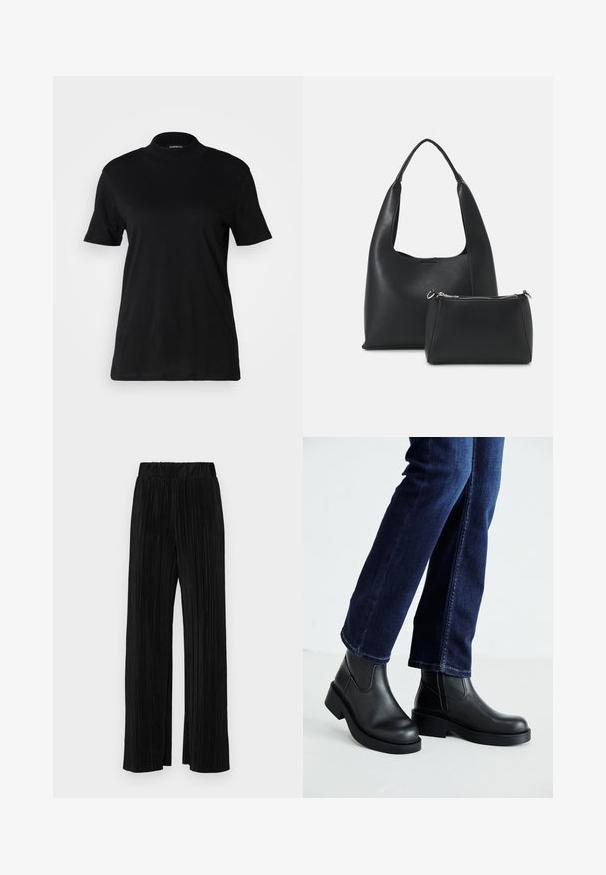 Czarna koszulka z krótkim rękawem i wysokim dekoltem, wykonana z gładkiej bawełny. Prosty fason bez widocznych wzorów lub grafik.; Czarne spodnie plisowane z elastycznym paskiem w talii. Posiadają szerokie nogawki oraz gładki, teksturowany materiał z pionowymi paskami.; Czarne skórzane botki za kostkę z grubą podeszwą oraz bocznymi elastycznymi panelami, w zestawieniu z ciemnoniebieskimi dżinsami. Podłoże jest jasne.; Even&Odd - Torebka