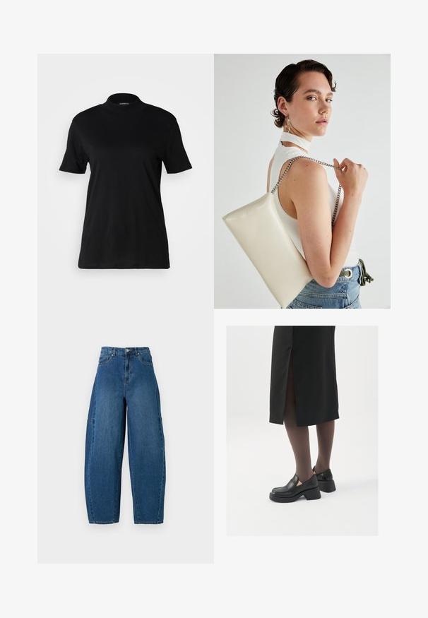 Czarna koszulka z krótkim rękawem i wysokim dekoltem, wykonana z gładkiej bawełny. Prosty fason bez widocznych wzorów lub grafik.; Jeans dżinsowe w średnim niebieskim kolorze, z wysokim stanem, szeroką nogawką oraz standardowym pięciomieszkowym wzorem, z widocznymi detalami przeszycia.; Czarne skórzane buty z okrągłym noskiem, grubym blokowym obcasem i elastycznymi akcentami po bokach, zestawione z ciemnymi rajstopami i czarną spódnicą z rozcięciem.; Biała prostokątna kopertówka wykonana z błyszczącego materiału, z srebrnym łańcuszkiem. Modelka pozuje, prezentując torebkę na jednolitym tle.