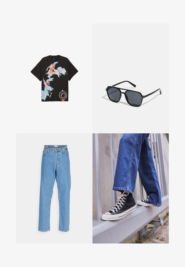 Camiseta negra de algodón con salpicaduras de pintura abstracta en azul y rojo, con el texto "HOOPTORIA" y "TE DESEO AQUÍ" y un gráfico de un aro de baloncesto.; Jeans rectos de tiro alto en azul claro con botón frontal, cierre de cremallera, pasadores para cinturón y diseño de cinco bolsillos sobre fondo blanco.; Zapatillas de deporte negras de caña alta con suela y cordones blancos, combinadas con unos vaqueros de denim azul holgados, apoyadas en una barandilla gris.; Gafas de sol negras con montura octogonal, lentes oscuros, acabado brillante, varillas delgadas y acentos dorados en la parte frontal.