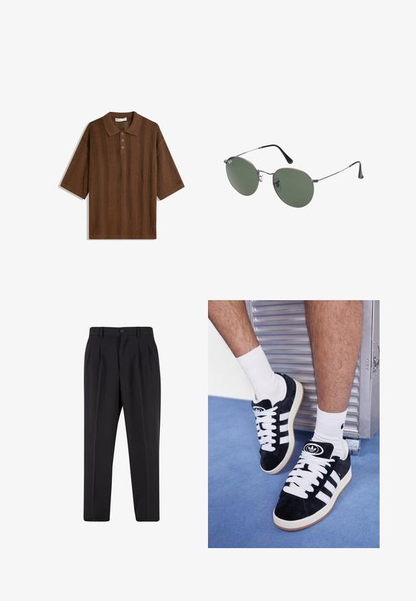 Brązowa koszulka polo z krótkim rękawem, z teksturowanym wzorem dzianiny w pionowe paski oraz zapięciem na trzy guziki. Miękka tkanina, luźny krój.; Czarne spodnie z plisowanym przodem, wykonane z gładkiego materiału. Zapięcie na guzik i szlufki na pasek; prosty krój nogawek.; Czarne zamszowe sneakersy z białymi sznurówkami i trzema białymi paskami. Posiadają okrągłe czarne logo na języku i gumową podeszwę.; Okulary przeciwsłoneczne z metalową ramą i owalnymi zielonymi soczewkami. Cienka srebrna metalowa rama i czarne końcówki zauszników. Minimalistyczny design, bez widocznych logo.