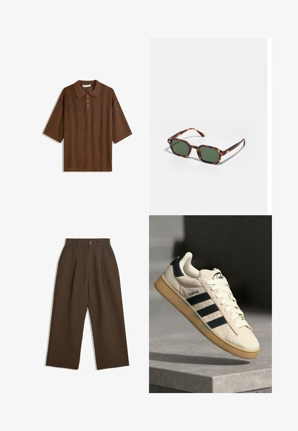 Brun kortärmad polo i en strukturerad stickad design med vertikala ränder och treknappslås. Mjuk tyg, avslappnad passform.; Bruna veckade byxor med en vid bendesign, med knappstängning och sidofickor, tillverkade av textil med struktur som passar för avslappnad användning.; Beige mockaskor med tre mörkblå ränder, vita skosnören och en tan-färgad gummisula. Har en logotyp på tungan och texten "CAMPUS".; Sköldpaddsbeslag av solglasögon med gröna linser, vinklade i en oktagonal form och med smala, böjda skalmar. Materialet har en glansig yta.