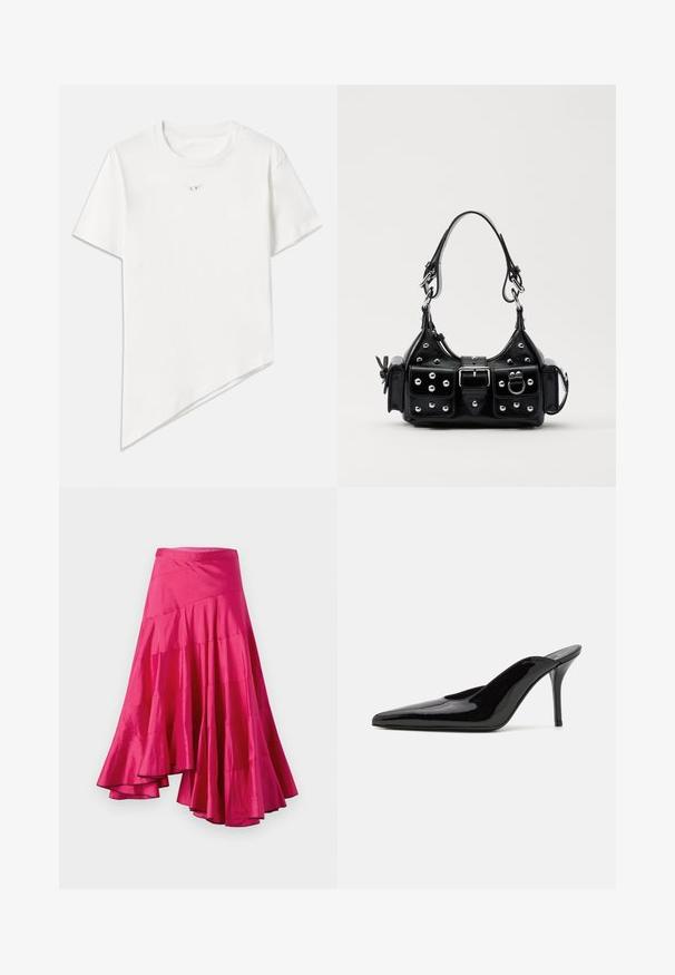 Camiseta blanca de algodón. Presenta un escote redondeado, mangas cortas y un dobladillo asimétrico con un corte diagonal. Pequeño logo en el pecho.; Falda de satén magenta con dobladillo acampanado, que presenta paneles en capas y un diseño asimétrico. Textura suave y corte a media longitud.; Mule de charol negro con tacón alto, punta afilada y una silueta elegante, con un escote abierto en la parte posterior y un tacón de aguja delgado.; Bolso de mano de cuero negro con un diseño curvado, que cuenta con tachuelas plateadas, una hebilla y dos bolsillos laterales. Correa ajustable para opciones de transporte.