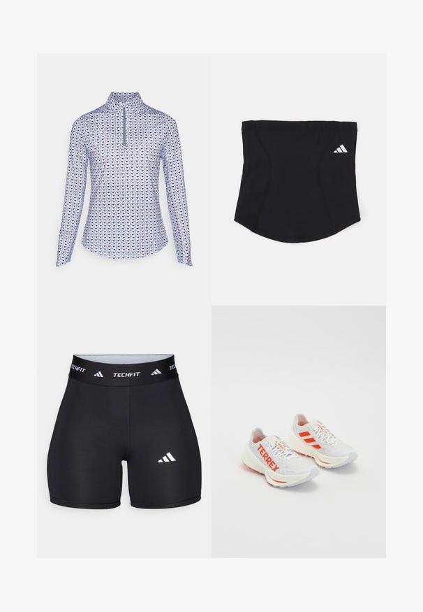 Skjorta med långa ärmar och hög krage, med ett geometriskt mönster av rosa, blå och svarta former på en ljusblå bakgrund.; Svarta shorts tillverkade av elastiskt material med en figurnära design. Har ett brett svart midjeband märkt "TECHFIT" och en vit logotyp på benet.; Vita löparskor med oranga detaljer. Nätmaterial, rund tå och tjock mellansula. "TERREX" tryckt på den laterala sidan och tre ränder på hälen.; Svart sportigt pannband med en slät textur, böjd form och elastiskt topp. Har en liten vit Adidas-logotyp på sidan.