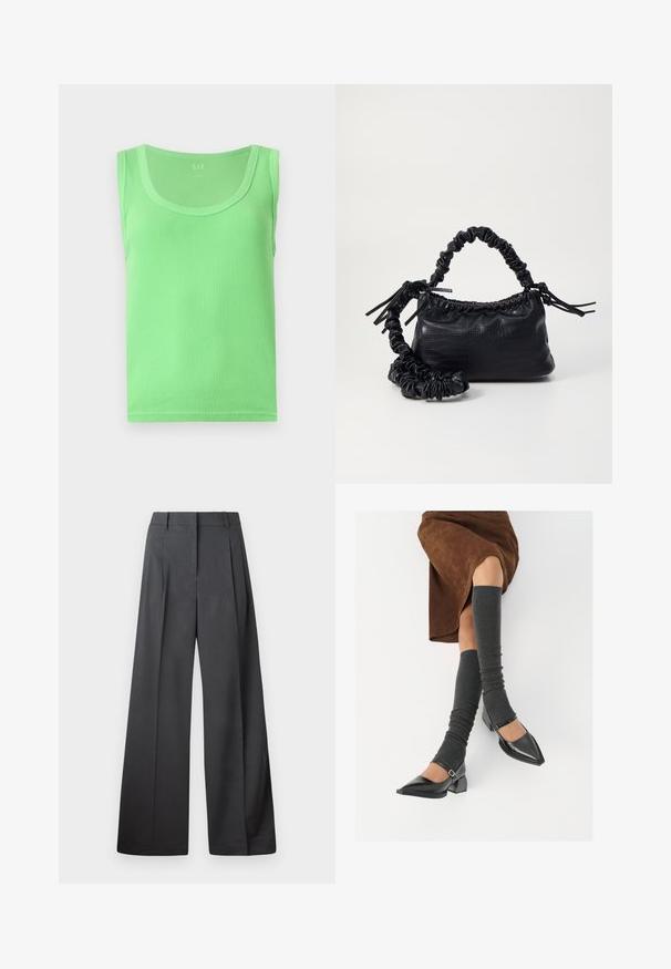 Rebrasta zelena majica bez rukava s okruglim izrezom, izrađena od mekog, rastezljivog materijala. Sadrži suptilnu teksturu na površini.; Hlače širokih nogavica u tamnosivoj tkanini, s visokim strukom, jednim naborom i glatkom teksturom s urednim završetkom na rubovima.; Crne lakirane cipele s šiljastim prstima, blok-petom i remenom oko gležnja, uparene s sivim rebrastim čarapama do koljena i smešnom suknjom od antilopa.; Crna torba od umjetne kože s teksturom krokodila, s cinčanim vrhom i naboranom trakom. Izgleda mekano i kompaktno u dizajnu.