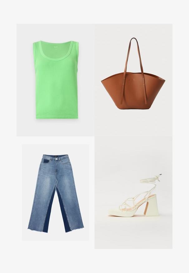 Vihreä, uritettu hihaton toppi, jossa on pyöreä pääntie, valmistettu pehmeästä ja joustavasta materiaalista. Omistaa hienovaraisen tekstuurin ympäriinsä.; Vaaleansiniset leveät farkut, joissa on tummansiniset kontrastipaneelit, repaleiset helmankohdat ja normaali vyötärö metallinappisuljennalla.; Valkoinen korkokenkä, jossa on paksu korko, ja joka sisältää nauhakiinnityksen ja nilkkaketjun. Sujuva pinta, jossa on platform-etupohja lisäkorkeutta varten.; Ruskea nahkabandi, jossa on leveä, jämäkkä muoto, ohuet kahvat ja teksturoitu pinta. Minimalistinen muotoilu, jossa ei ole näkyvää metalliosaa.