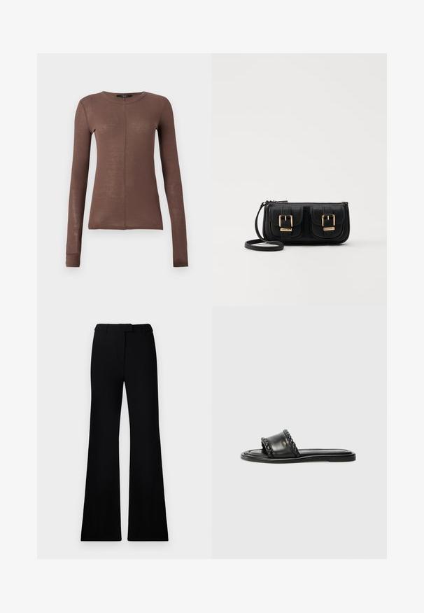 Brauner Langarmoberteil aus leichtem, glattem Stoff. Verfügt über einen runden Ausschnitt und eine subtile Nahtdetail auf der Vorderseite.; Schwarze ausgestellte Hose mit einer glatten Textur, tailliertem Bund und Fronttaschen, entworfen mit einer eleganten, modernen Silhouette.; Schwarze Ledersandale mit einem gewebten Riemen-Detail, flacher Sohle und schlankem Design. Glatte Textur und minimalistisches Profil.; Schwarze Leder-Umhängetasche mit zwei vorderen Taschen, goldenen Schnallen, Reißverschluss und einem schmalen Tragegurt. Texturierte Oberfläche und kompakte rechteckige Form.