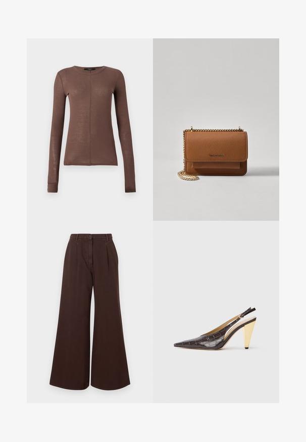 Brown long-sleeve top made of lightweight, smooth fabric. Features a round neckline and subtle front seam detail.; High-waist wide-leg brown pants with button and zipper closure, belt loops, and front pleats.; Pointed-toe slingback heel in dark brown glossy faux crocodile leather. Features a gold-tone geometric heel and adjustable ankle strap.; Brown textured leather crossbody bag with gold chain strap and flap closure. Front features logo detail and a pocket under the flap.