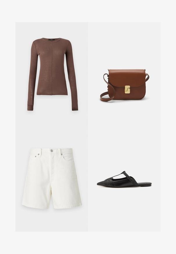 Hnedý top s dlhým rukávom vyrobený z ľahkej, hladkej tkaniny. Má okrúhly výstrih a jemný detail predného švu.; Biele riflové šortky so rovnými nohavicami, päťbúchovým dizajnom, predným zapínaním na gombík, strieborným kovovým príslušenstvom a prešitými detailmi.; Čierne kožené sandále so špičatou špičkou, ktoré majú tkaný detail a zborený dizajn vrchnej časti. Plochá podrážka s minimálnym hardvérom.; Hnedá kožená kabelka s klopou, zlatými kovovými prvkami, ramenným popruhom a hladkým povrchom. Kompaktný obdĺžnikový tvar.