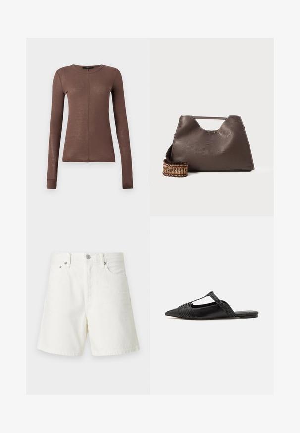 Rjava dolga majica z dolgimi rokavi, izdelana iz lahkega in gladkega materiala. Ima okroglo ovratnico in subtilno podrobnost prednjega šiva.; Beli džins kratke hlače s ravnim krojem, pet žepnim oblikovanjem, sprednjim gumbom za zapiranje, srebrnimi dodatki in vticami.; Črne usnjene sandale s priponko, koničastim nosom in tkano dekoracijo ter gubanjem na zgornjem delu. Ravna podplata z minimalno opremo.; Rjava usnjena torba z teksturirano površino, angularno obliko in značilno zgornjo ročico. Vsebuje detajl z vzorčnim tkanim trakom.