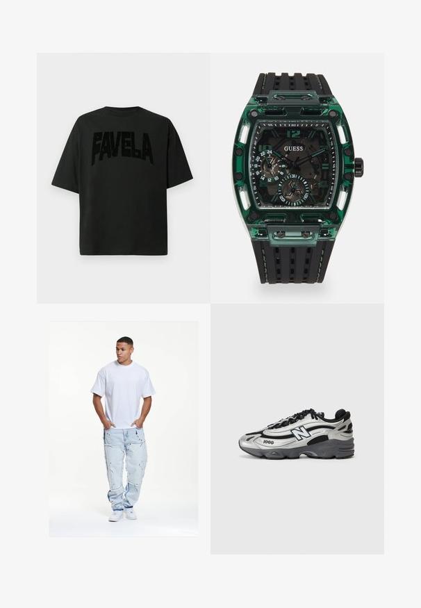 Fekete pamut póló, nagy, texturált "FAVELA" felirattal az elején. Rövid ujjú, laza fazon, kerek nyakkivágás, minimalista dizájnnal.; Fehér pamut póló, laza szabású, világoskék, elszakított farmernadrággal, amelynek szélén rojtos részletek és fekete festékfröccsök találhatók.; Ezüst és fekete sportcipők, hálós felsőrésszel, párnázott talppal, fűzős kialakítással és oldalsó márkázással.; Guess óra, téglalap alakú zöld műanyag házzal, fekete texturált gumipánttal, és számos tárcsával, amelyek karakteres számokkal és kiemelésekkel rendelkeznek.