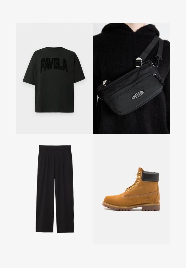 Μαύρο βαμβακερό t-shirt με μεγάλο, υφή "FAVELA" κείμενο μπροστά. Κοντά μανίκια, χαλαρή εφαρμογή, στρογγυλή λαιμόκοψη, μινιμαλιστικός σχεδιασμός.; Μαύρο παντελόνι σε φαρδιά γραμμή με πιέτες μπροστά, πλευρικές τσέπες και λεία υφή υφάσματος. Σχεδιασμένο για άνετη εφαρμογή.; Μπεζ σουέτ ankle boots με μαύρη μαλακή επένδυση στον κολάρο, χρυσά μεταλλικά μάτια, λευκή ραφή και ανθεκτική καουτσούκ σόλα με έντονες γκριζαρισμένες υφές.; Μαύρη νάιλον τσάντα crossbody με ρυθμιζόμενο λουρί, που διαθέτει λεία υφή, μπροστινή τσέπη με φερμουάρ και λογότυπο.
