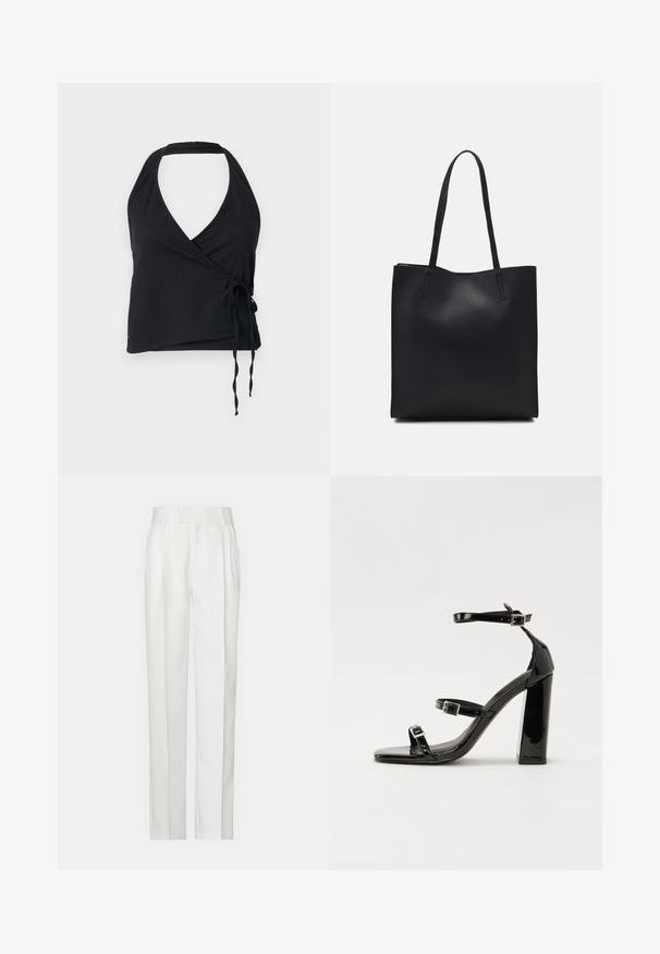 Melnas apjoma halter top ar dziļu V veida kakla izgriezumu, kas izgatavots no teksturēta auduma, ar regulējamu saites aizdari jostasvietā.; Baltas svītrainas bikses ar taisnu kāju dizainu, izgatavotas no viegla auduma. Priekšpusē ir bārkstis un tradicionālā josta.; Melnas lakotas augstpapēžu čības ar kvadrāta purngalu, potīšu siksniņām un sudraba sprādzēm. Aprīkotas ar masīvu bloku papēdi stabilitātei.; Melnas ādas somiņa ar gludu tekstūru, taisnstūra formu un divām garām rokturiem. Nav redzamu aparatūras vai rotājumu.