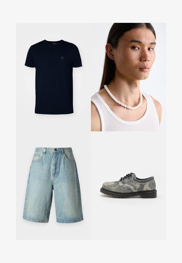 Námodro bavlnené tričko s okrúhlym výstrihom, krátkymi rukávmi a ľavou náprsné vrecko s jemným logom.; Svetložlté denimové šortky s voľným strihom, prednými vreckami, zapínaním na gombík a bledým umývaním so subtilnými efektami".; Čipková obuv vyrobená z textúrovaného šedého materiálu s čiernymi akcentmi, hrubou gumovou podrážkou a bielymi švíkovými detailmi. Zaoblený dizajn špičky.; Biele náhrdelník z mušlí pozostávajúci z nepravidelných tvarov, nosený cez priliehavé biele tielko. Hladký povrch s jemným leskom, tesne priliehajúce prevedenie.